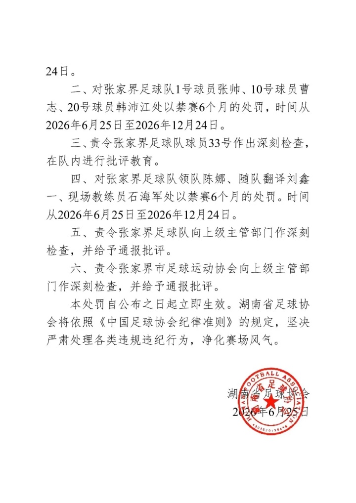 湖南足协重罚张家界队：11号球员禁赛一年，三将停赛半年
