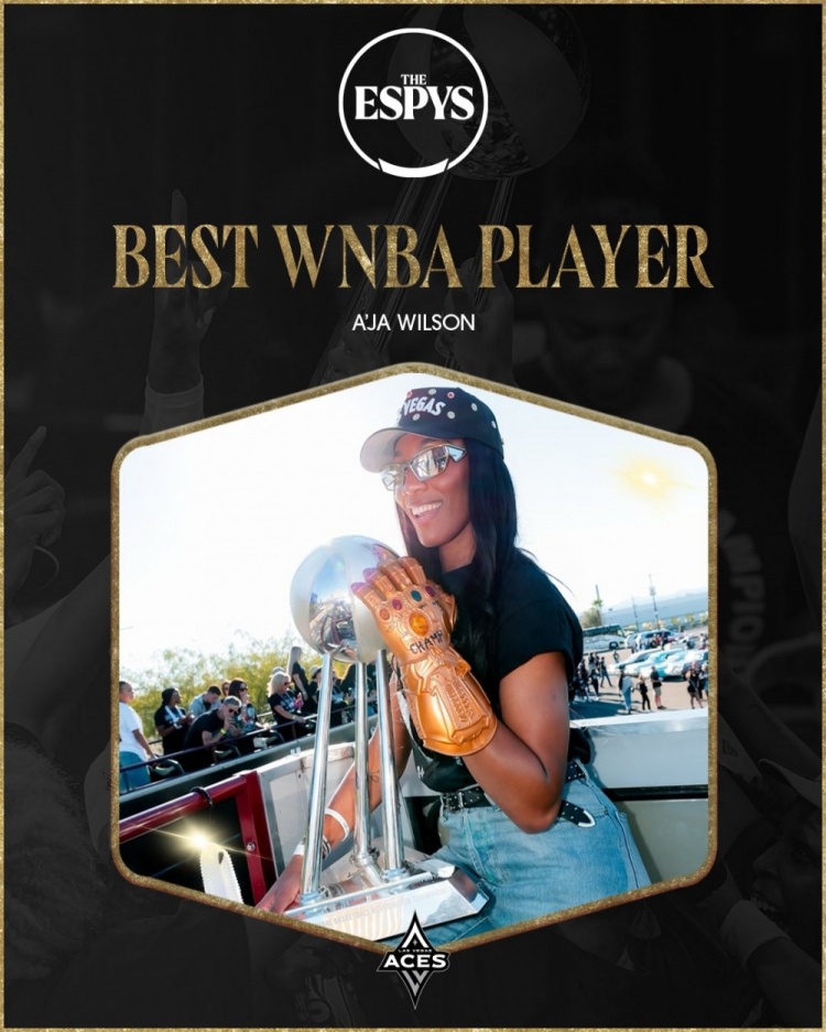 阿贾·威尔逊荣膺ESPY最佳WNBA球员:上赛季包揽DPOY/MVP/FMVP/得分王 阿贾·威尔逊荣膺ESPY最佳WNBA球员:上赛季包揽DPOY/MVP/FMVP/得分王