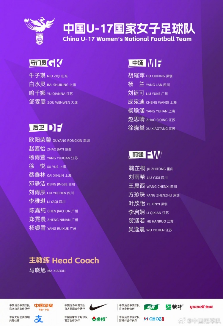 中国U-17女足30人集训名单公布 马晓旭挂帅备战2026世界杯 中国U-17女足30人集训名单公布 马晓旭挂帅备战2026世界杯