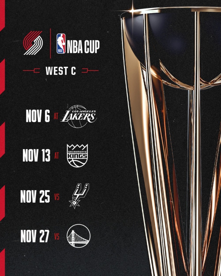NBA杯赛程出炉:开拓者连碰洛城双雄,主客场分区精准落位 NBA杯赛程出炉:开拓者连碰洛城双雄,主客场分区精准落位