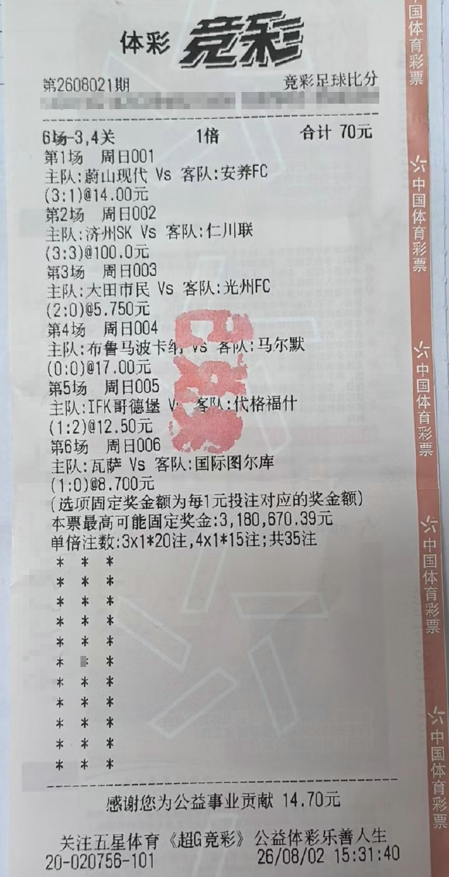 竞彩比分神单再现:40元复选日职2串1中7.2万 竞彩比分神单再现:40元复选日职2串1中7.2万
