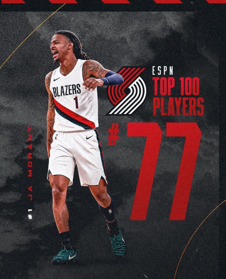 开拓者晒队内ESPN前100球员:克林根95 莫兰特77 利拉德69 阿福27 开拓者晒队内ESPN前100球员:克林根95 莫兰特77 利拉德69 阿福27